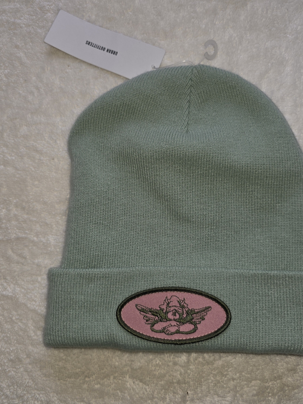 Urban Outfitters Mint Green Kids Beanie with Pink Angel Patch Oval